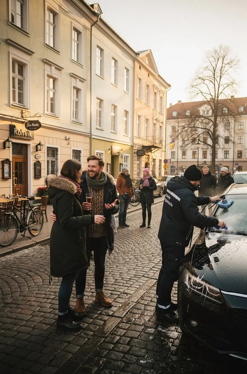 Autopesula töötaja pesemas sõidukit, rõhutades regulaarse hoolduse tähtsust ja mugavust.